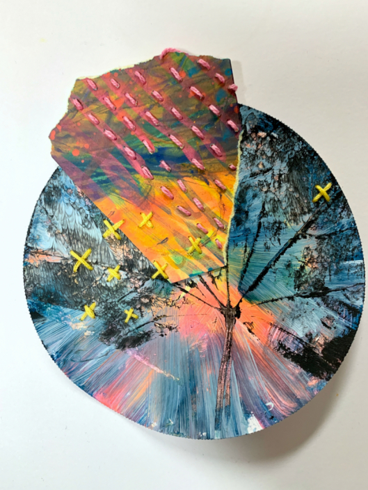 2022 Kintsugi Complexities 3 11.5 x 11.5 cm – acrylic, yarn print and collage on paper